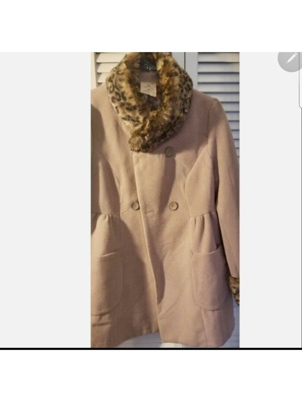 New Dillard's Women's Tan Dress Pea Coat with Brown Faux Fur Collar